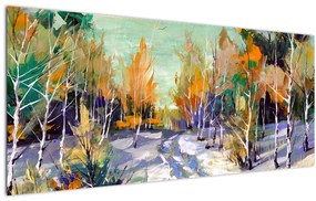 Obraz - Zasnežená cesta lesom, olejomaľba (120x50 cm)