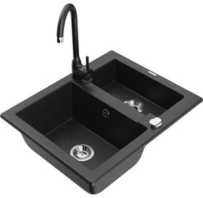Mexen Carlos, granitový drez 582x475x177 mm, 1,5-komorový a čierna drezová batéria Telma, čierna - strieborná metalíza, 6518-73-670200-70