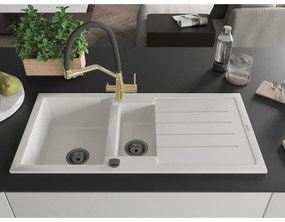 Mexen Andres, granitový drez 1000x500x200 mm, 1,5-komorový a drezová batéria Duo, biela, 6515-20-671701-57-B
