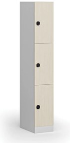 Šatníková skrinka s úložnými boxmi, 3 boxy, 1850 x 300 x 500 mm, demont, kódový zámok, laminované dvere, breza