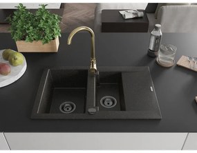 Mexen Gaspar, granitový drez 737x475x177 mm, 1,5-komorový a zlatá batéria Telma, čierna-zlatá metalíza, 6507-75-670200-50-B