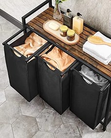 Kôš na bielizeň s policou BERGEN, 3x38l, čierna/hnedá SongmicsHome