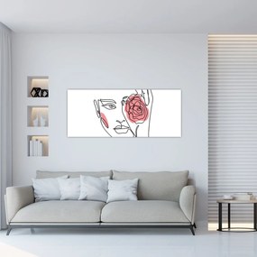 Obraz - Line art tvár s ružou (120x50 cm)