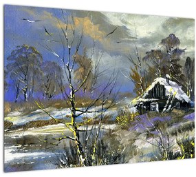 Sklenený obraz chalúpky v zimnej krajine, olejomaľba (70x50 cm)