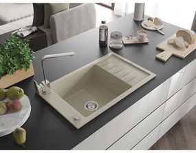 Mexen Elias, granitový drez granitový 795x480x200 mm, 1-komorový, béžová s chrómovým sifónom a chrómová drezová batéria Rita, 6511-69-670300-00