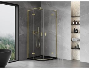 Mexen Mist L, štvrťkruhový sprchový kút s 2-krídlovými dverami, 90 x 90 cm, číre sklo, zlatý lesklý profil, 8A33L-090-090-50-00