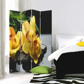 Ozdobný paraván, Žlutá orchidej - 145x170 cm, štvordielny, klasický paraván