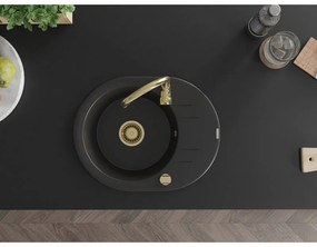 Mexen Kevin, granitový drez 586x458x190 mm, 1-komorový, čierna so zlatým sifónom, 6517581005-77-G