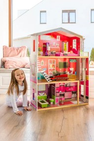 Drevený domček pre bábiky Malibu ECOTOYS – 3-poschodový s výťahom, 10-dielny nábytok