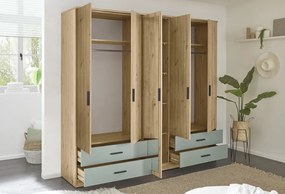 Šatníková skriňa so zrkadlom Savina 225 cm, dub artisan/šalviová