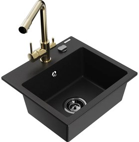 Mexen Milo, granitový drez 435x410x171 mm, 1-komorový a zlatá batéria Duero, čierna, 6505-77-671600-50-B