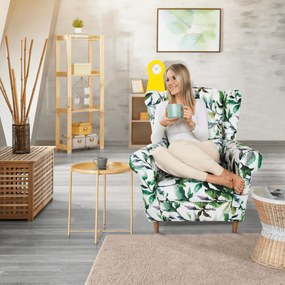 Tempo Kondela Kreslo ušiak, látka vzor zelené lístie, CHARLOT