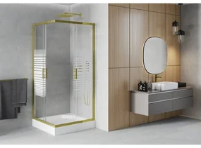 Mexen Rio, štvorcový sprchovací kút s posuvnými dverami 90(dvere) x 90(dvere) x 190 cm, 6mm číre sklo s pásikmi, zlatý profil + biela sprchová vanička RIO, 860-090-090-50-20-4510