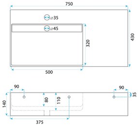 Rea Archi, umývadlo na dosku z konglomerátu 750x430x140 mm, ľavá verzia, šedá matná, REA-U4303