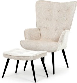 Relaxačné kreslo ušiak s taburetom ROYAL II — kov, látka, krémová