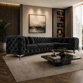 ROHOVÁ SEDAČKA CHESTERFIELD LARISSA PRAVÁ - ĽAVÁ ČIERNA SEMIŠOVÁ LÁTKA 323 X 204 cm