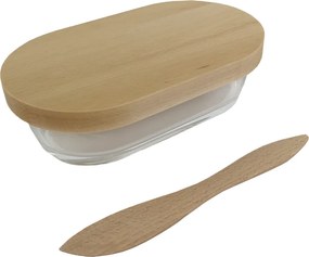 AMADEA Sklenená maslienka s dreveným poklopom a nožom, 19 cm
