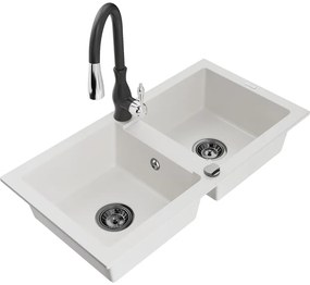 Mexen Mario, 2-komorový granitový drez 820x436x161 mm a drezová batéria Savita, biela, 6504-20-672601-70