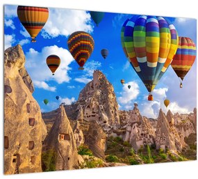 Sklenený obraz - Teplovzdušné balóny, Cappadocia, Turkey. (70x50 cm)