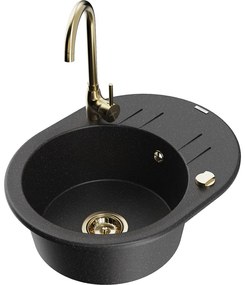 Mexen Kevin, drez granitový 586x458x190 mm, 1-komorový a zlatá batéria Telma, čierna - strieborná metalíza, 6517-73-670200-50