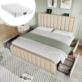 Dvojlôžková posteľ čalúnená Usb nabíjaním typu C 160x200 cm béžová matrac