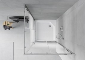 Mexen Rio, štvorcový sprchovací kút s posuvnými dverami 90 x 90 cm, 6mm číre sklo/pásy, chrómový profil + biela vysoká sprchová vanička Rio, 860-090-090-01-20-4510