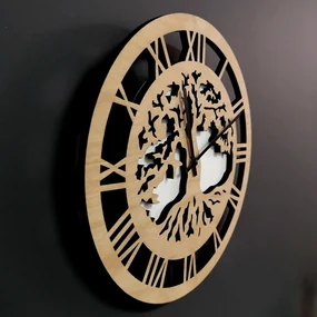 AMADEA Drevené hodiny nástenné okrúhle, motív stromu s koreňmi, masívne drevo, priemer 29 cm