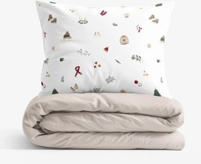 Goldea vianočné bavlnené posteľné obliečky duo - vianočné symboly s latte 140 x 220 a 70 x 90 cm