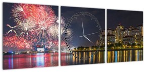 Obraz ohňostroja v Singapure (s hodinami) (90x30 cm)