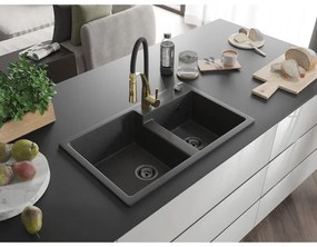Mexen Tomas, 2-komorový granitový drez 800x500x190 mm a drezová batéria Aster, čierna škvrnitá, 6516-76-73450-57-B