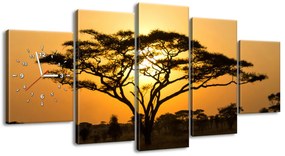 Gario Obraz s hodinami Akácia v Serengeti - 5 dielny Rozmery: 150 x 70 cm