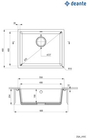 Deante Corda, granitový drez pod dosku 550x460x204 mm, 3,5" + priestorovo úsporný sifón, 1-komorový, šedá, ZQA_S10C