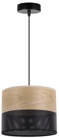 Závesné svietidlo Wood, 1x dýha zlatý dub/čierne PVC tienidlo, (fi 20cm)
