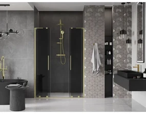 Mexen Velar L Duo, posuvné sprchové dvere do otvoru 150 cm, 8mm šedé sklo, zlatá matná, 871-150-003-42-55