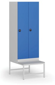 Šatníková skrinka s lavičkou, 2 oddiely, 1875 x 600 x 500/800 mm, zámok s čítačkou RFID kariet, modré dvere