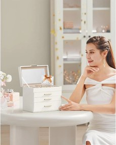 Šperkovnica 4-úrovňová, so skleneným vekom a 3 zásuvkami, biela a zlatá