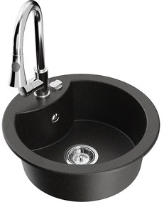 Mexen Diego, 1-komorový granitový drez 488x488x167 mm a drezová batéria Elia, čierna-zlatá metalíza, 6512-75-670101-00
