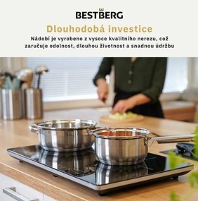 MEGAKOMBO BestBerg BBR-2000S multifunkčný kuchynský robot s nástavcami na cestoviny + 15-dielna sada hrncov a panvíc s nepriľnavým povrchom z nehrdzavejúcej ocele BestBerg BBSC-15 / strieborná