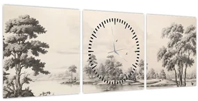 Obraz - Vintage kresba krajiny (s hodinami) (90x30 cm)