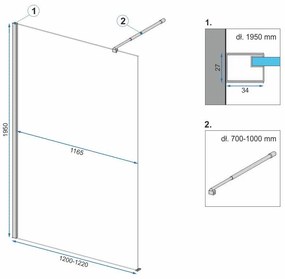 Rea Aero Ombre, sprchová zástena Walk-In 120x195 cm, 8mm číre sklo s čiernym vzorom, čierny matný profil, REA-K2462