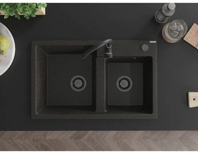 Mexen Tomas, granitový drez 800x500x190 mm, 2-komorový a čierna batéria Telma, čierna-zlatá metalíza, 6516-75-670200-70-B