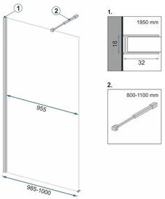 Rea Aero, sprchová zástena typu Walk-In 100cm, 8mm číre sklo, čierny profil + polica a vešiak EVO, KPL-K0596