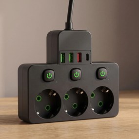 Toolight Toolight, JNH018, zásuvkový rozbočovač 3 zásuvky + 3× USB-A + USB-C s LED svetlom, čierna, OSW-56307