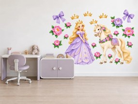 Princezná s bielym koníkom levanduľové nálepky na stenu do izbičky malej princeznej hárok 46 x 30 cm