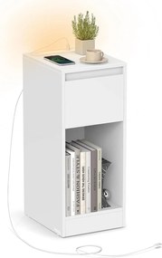 Úzky nočný stolík s nabíjacou stanicou a LED svetlom, s USB portami, biely
