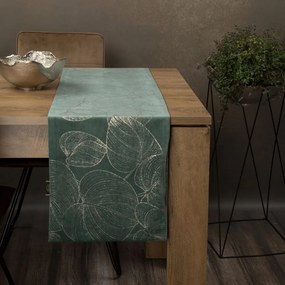 Zamatový stredový obrus s lesklou potlačou listov mentolovej farby Šírka: 35 cm | Dĺžka: 220 cm