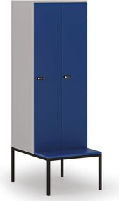 Drevená šatníková skrinka S4 s lavičkou, 2 oddiely, 1871 x 600 x 500/800 mm, demont, mechanický kódový zámok, sivá / modrá