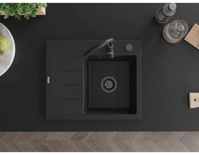 Mexen Ben, 1-komorový granitový drez 600x500x190 mm, pravý + čierny sifón, čierna-strieborná metalíza, 6523605000-73-B