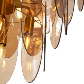 Závesná lampa Art Deco zlatá s jantárovým sklom oválna 14-svetiel - Mochan