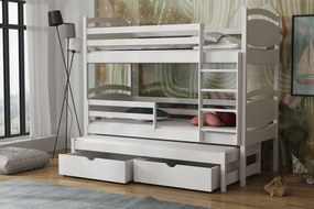 Detská poschodová posteľ z masívu borovice EMA s prístelkou a šuplíky - 200x90 cm - BIELA